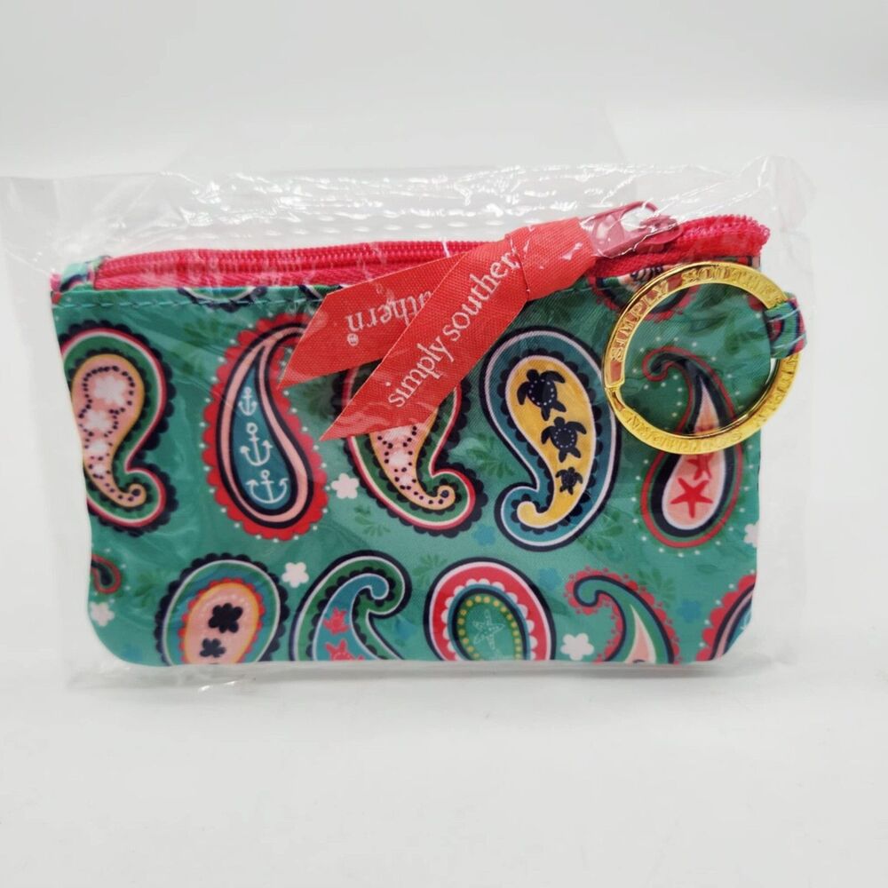 Simply Southern ID Coin Wallet Teal Pink Paisley Case with Key Ring Zip Closure
